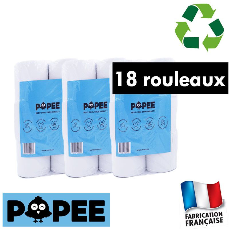18 rouleaux de papier toilette Popee 100% recyclé fabrication France