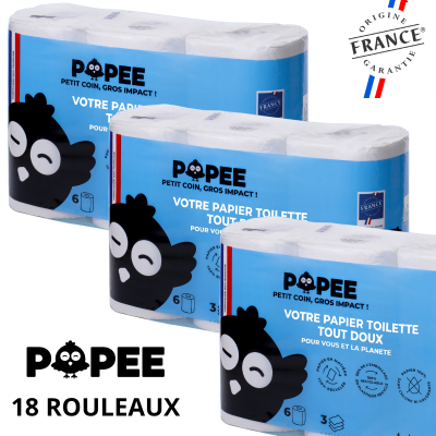 Popee Papier toilette écologique Ultra confort 3 plis 18 rouleaux